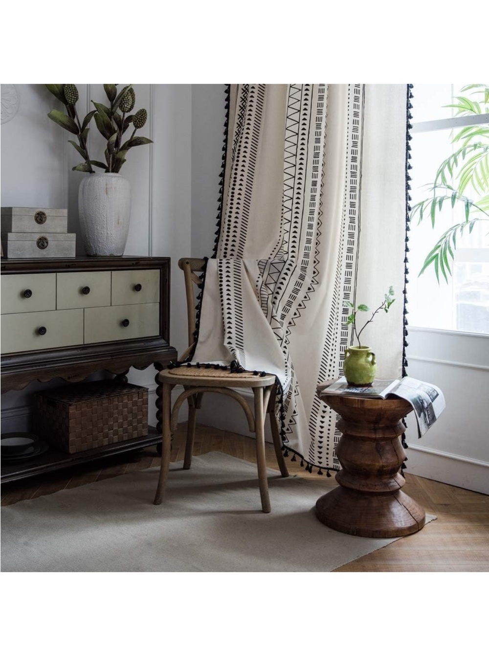 Ivory and Black Geometric Pattern Drapery Panel - Home Accents